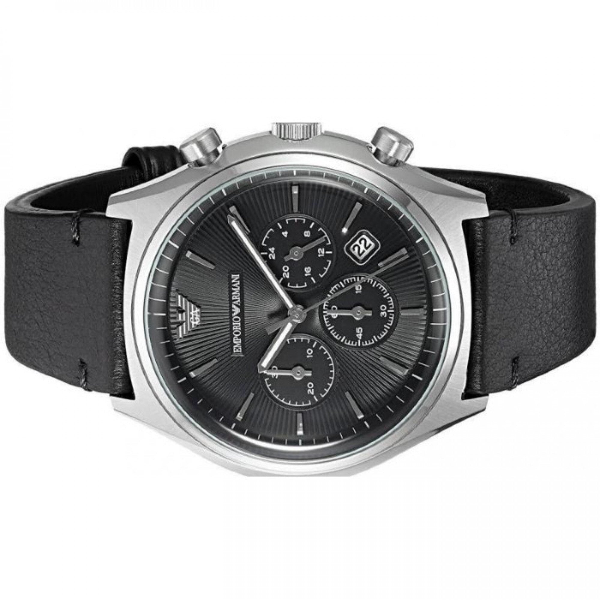 Emporio Armani Zeta Chronograph Black Dial Black Leather Strap Watch for Men - AR1975