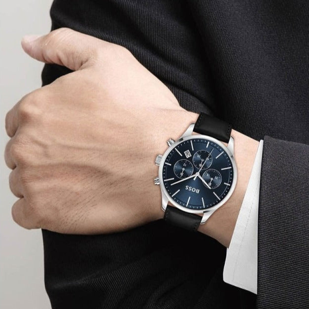 Hugo Boss Avery Chronograph Blue Dial Black Leather Strap Watch for Men - 1514156