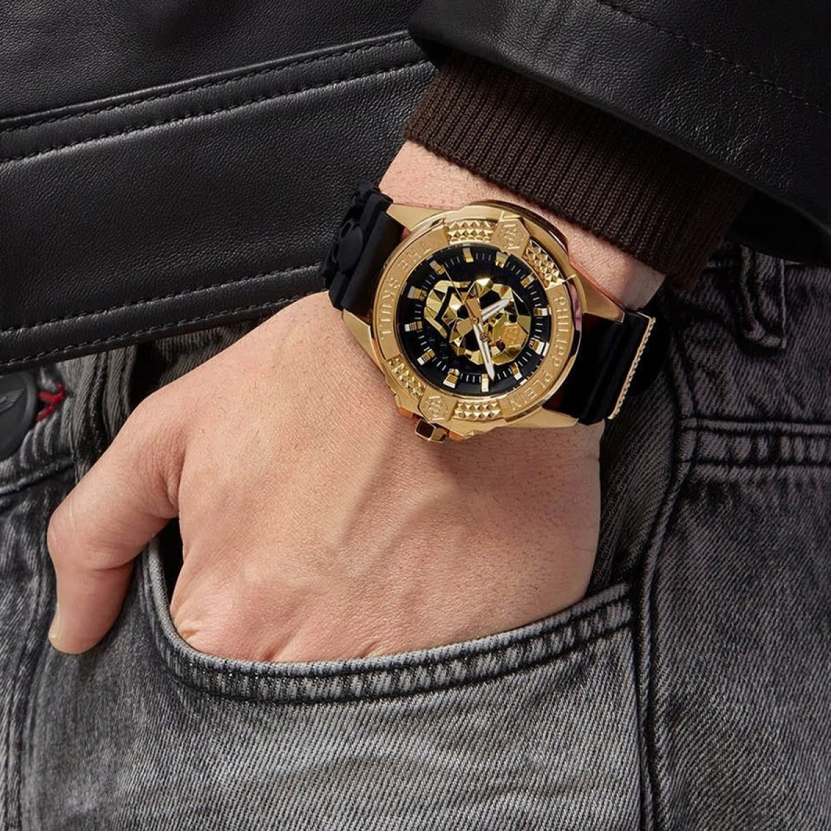 Philipp Plein The Skull Gold Dial Black Silicone Strap Watch for Men - PWAAA0221