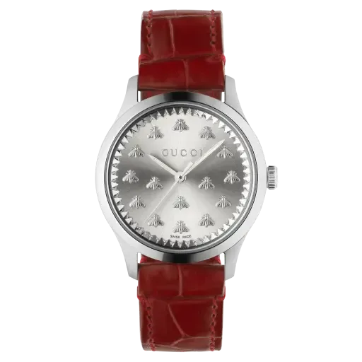Gucci G Timeless Quartz Silver Dial Maroon Leather Strap Watch for Women - YA1265057
