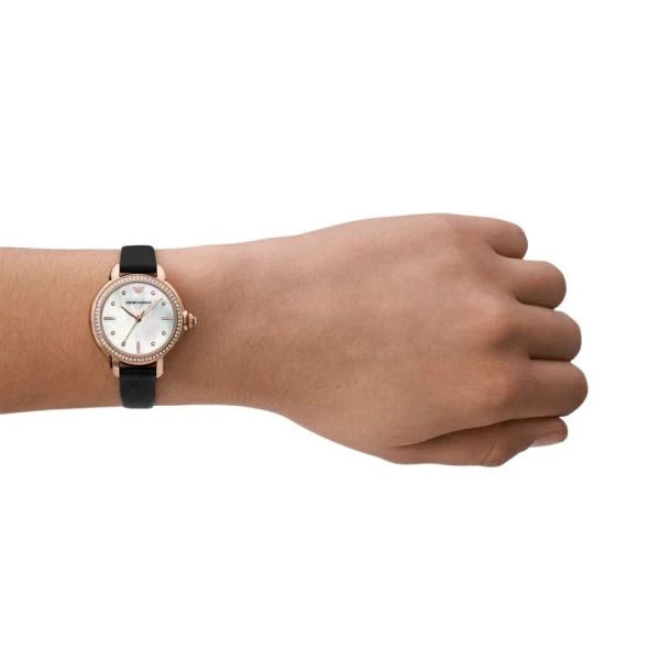 Emporio Armani Mia Mother of Pearl Dial Black Leather Strap Watch for Women - AR11598