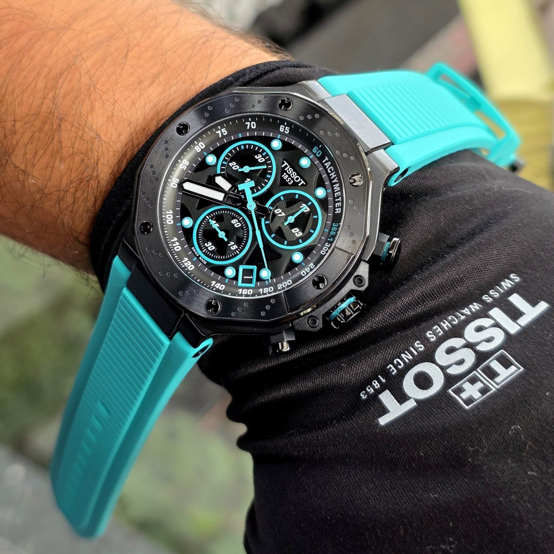 Tissot T Race Chronograph Black Dial Green Rubber Strap Watch for Men - T141.417.37.051.01
