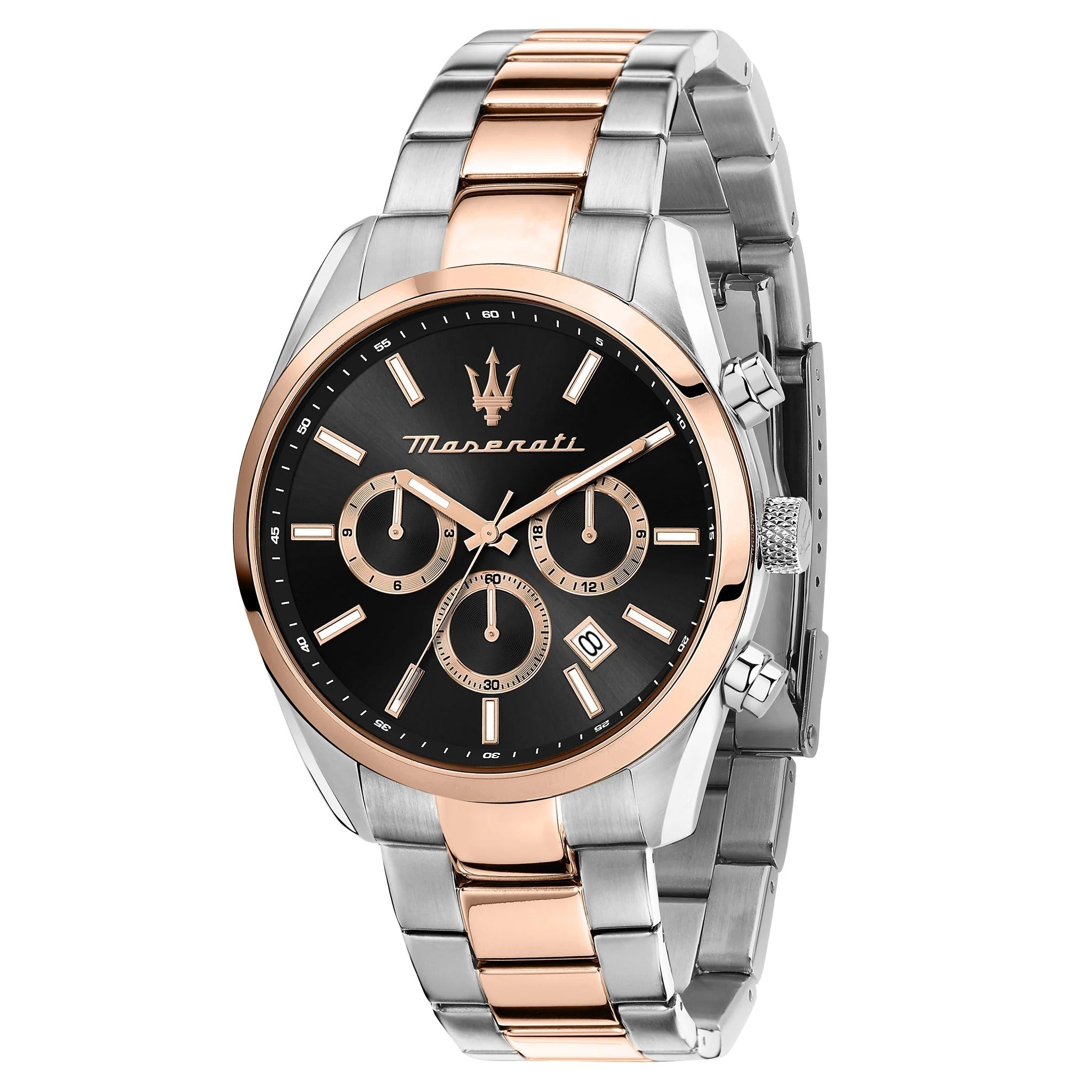 Maserati Attrazione Chronograph Black Dial Two Tone Steel Strap Watch for Men - R8853151002