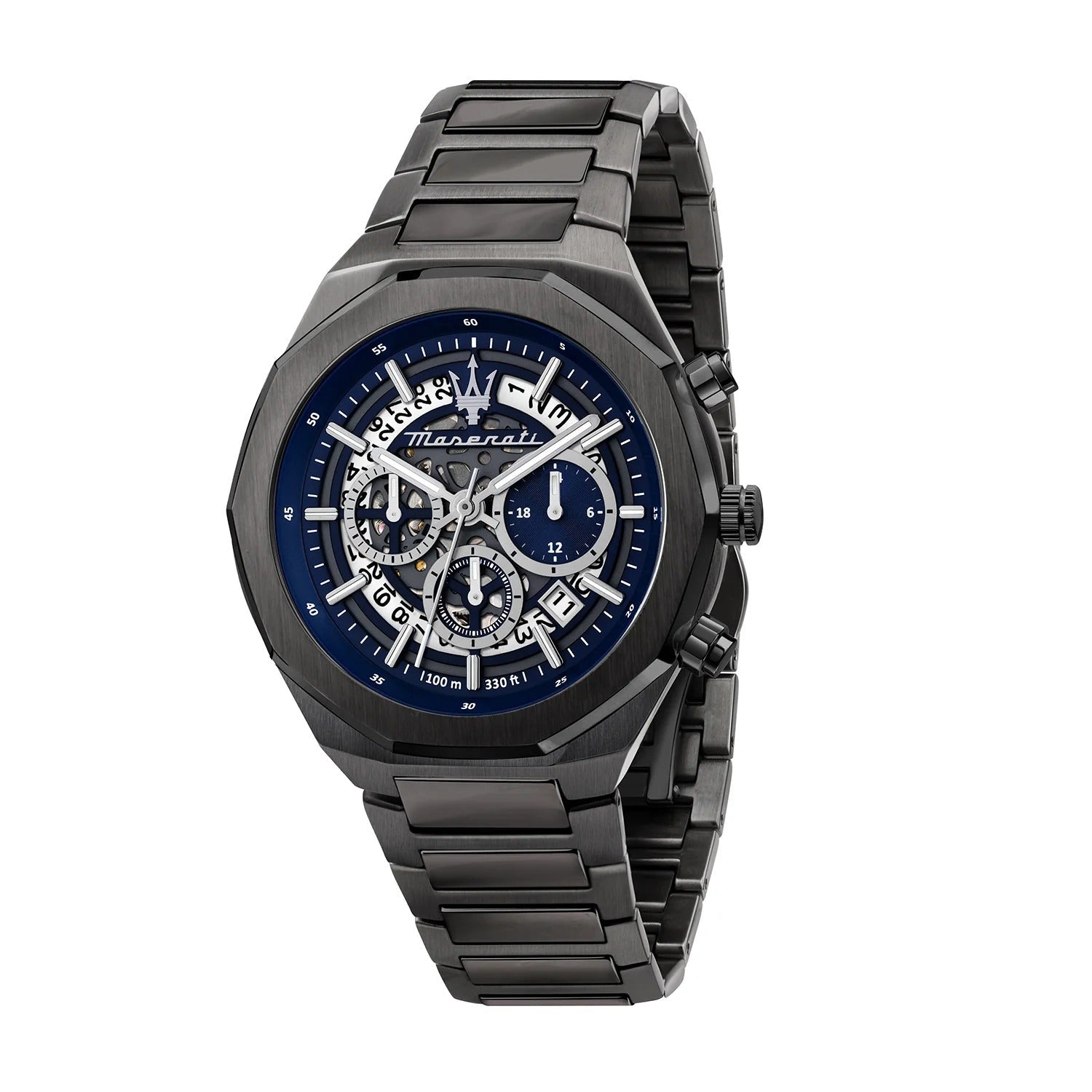 Maserati Stile Skeleton Chronograph Blue Dial Grey Steel Strap Watch for Men - R8873642012
