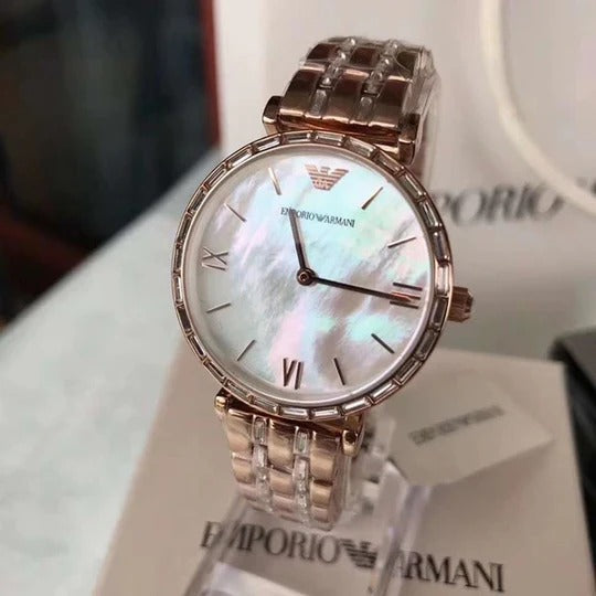 Emporio Armani Gianni T-Bar Mother of Pearl White Dial Two Tone Steel Watch for Women - AR11294