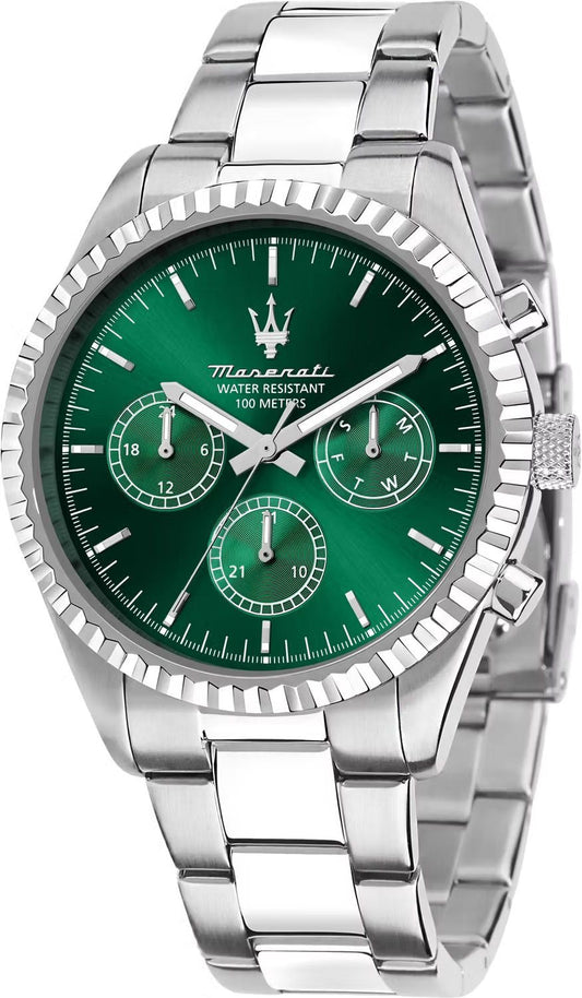 Maserati Competizione Chronograph Green Dial Silver Steel Strap Watch for Men - R8853100044