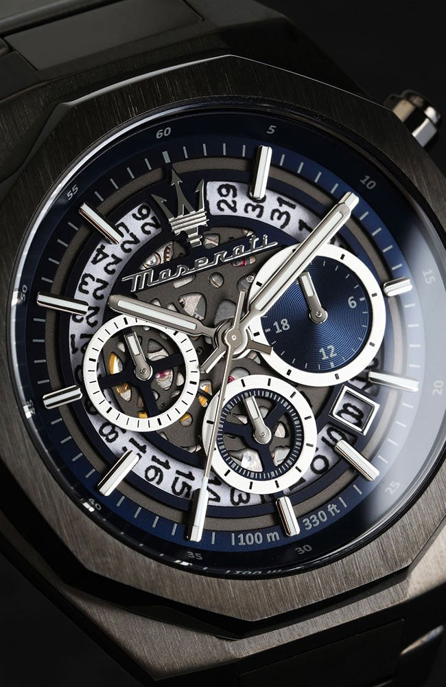 Maserati Stile Skeleton Chronograph Blue Dial Grey Steel Strap Watch for Men - R8873642012