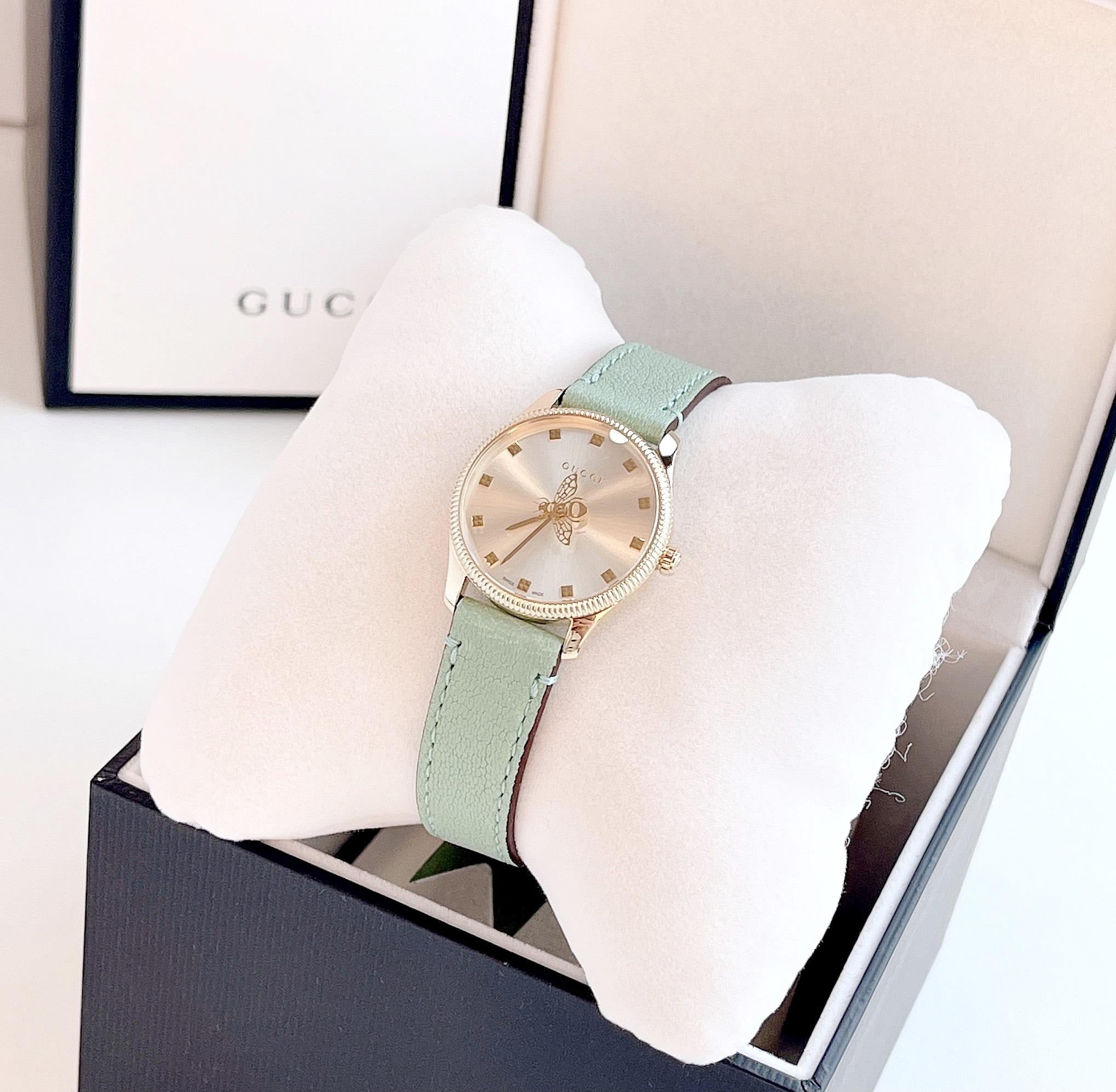 Gucci G Timeless Silver Dial Green Leather Strap Watch for Women - YA1265040