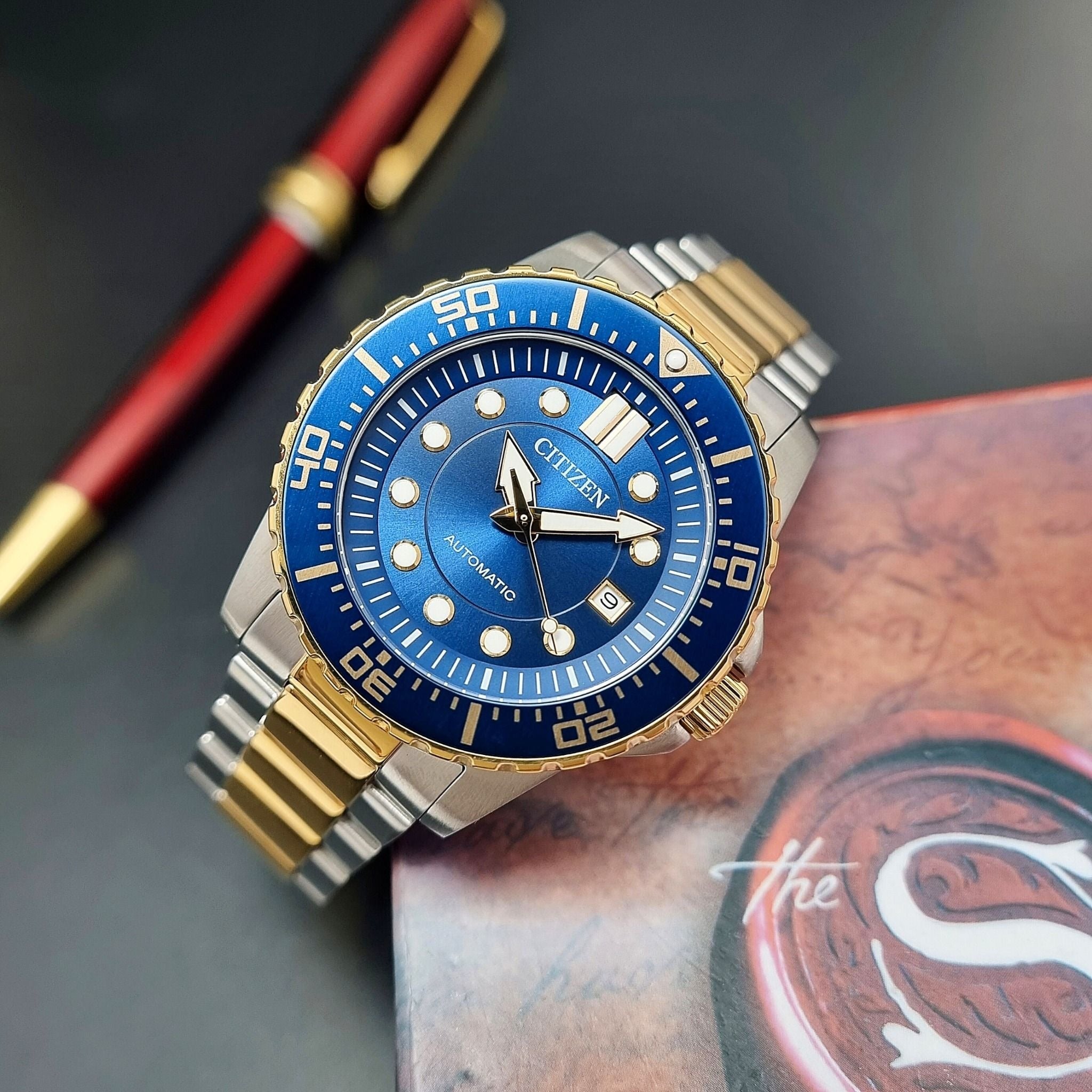Citizen Mechanical Automatic Blue Dial Two Tone Steel Strap Watch for Men - NJ0174-82L