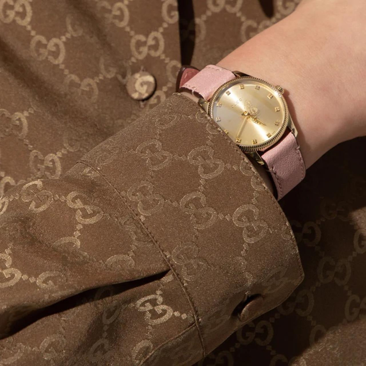 Gucci G Timeless Gold Dial Pink Leather Strap Watch for Women - YA1265041
