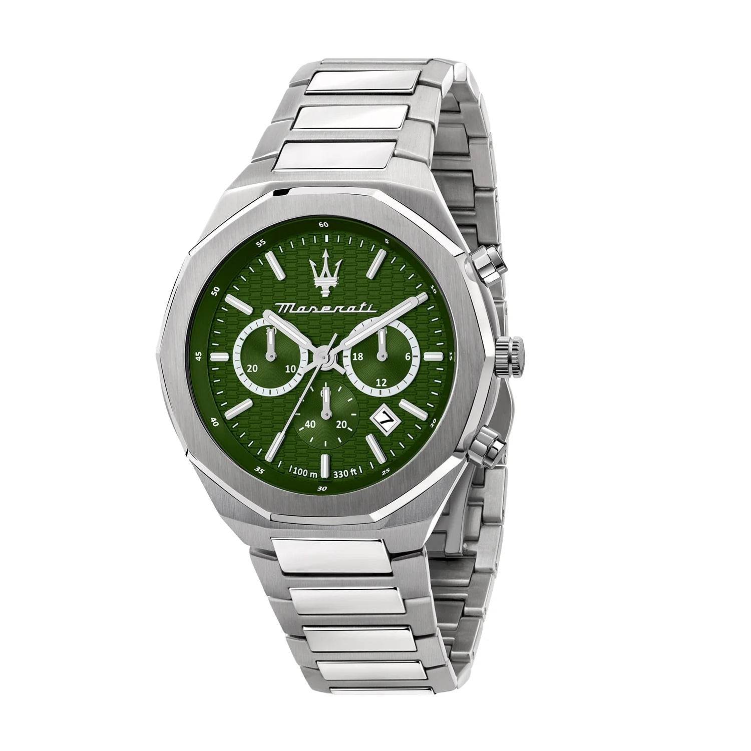 Maserati Stile Chronograph Green Dial Silver Steel Strap Watch for Men - R8873642011