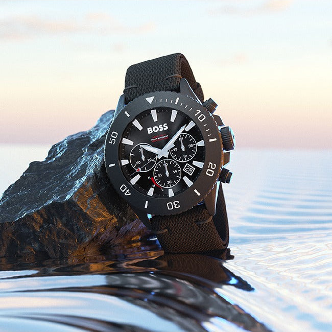 Hugo Boss Admiral Chronograph Black Dial Black Nylon Strap Watch for Men - 1513918