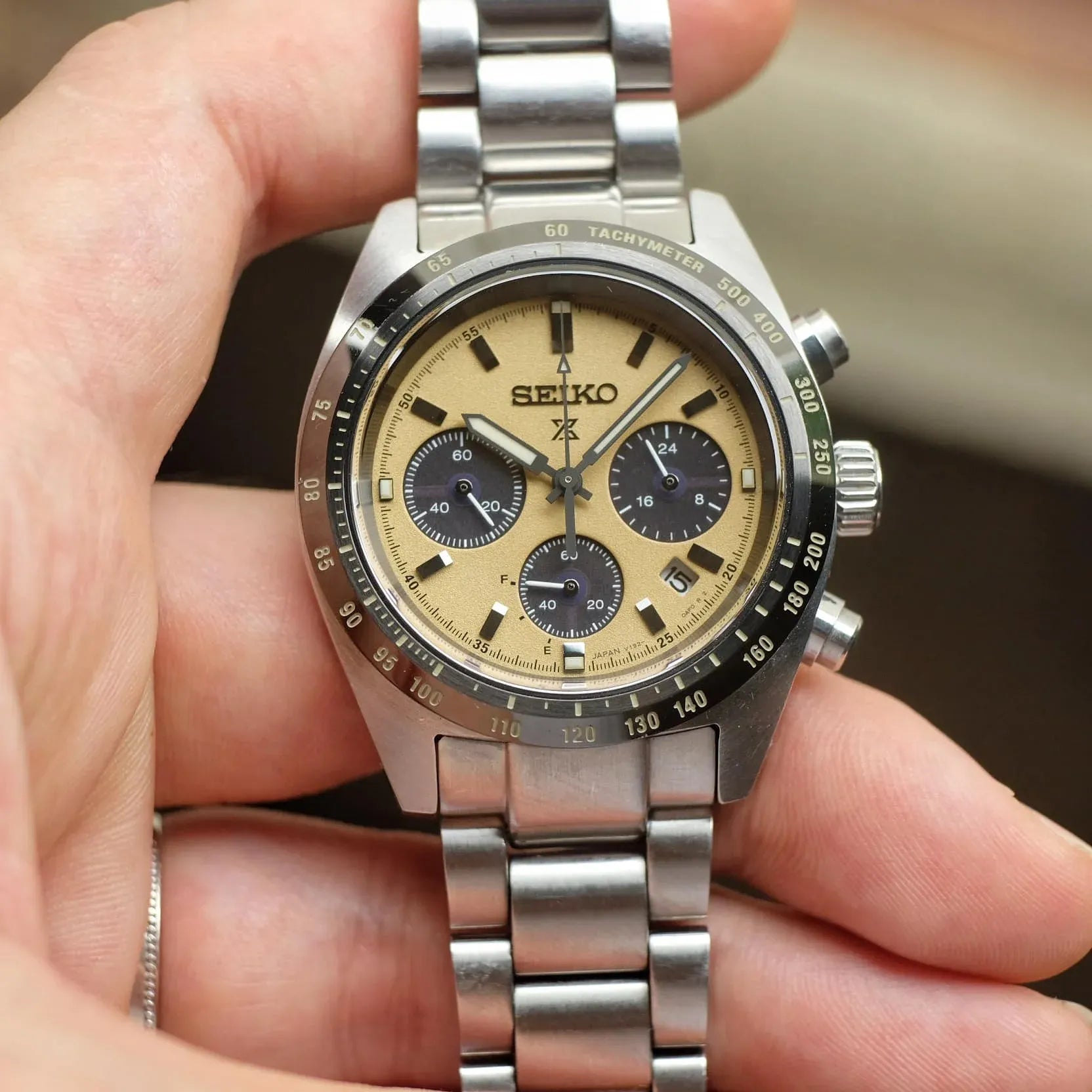 Seiko Prospex Speedtimer Solar Chronograph Gold Dial Silver Steel Strap Watch for Men - SSC817