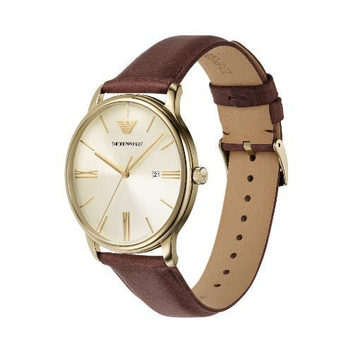 Emporio Armani Minimalist Quartz Gold Dial Brown Leather Strap Watch for Men - AR11610