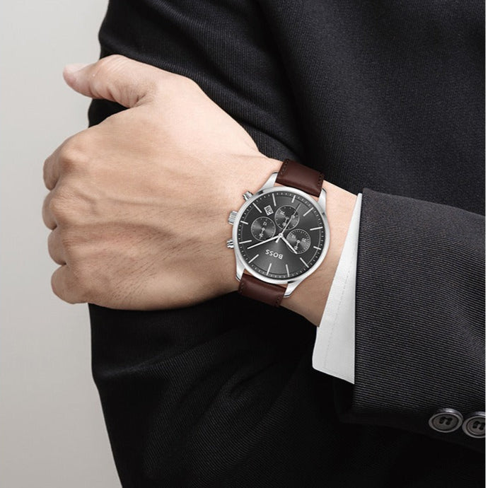 Hugo Boss Avery Chronograph Grey Dial Brown Leather Strap Watch for Men - 1514155