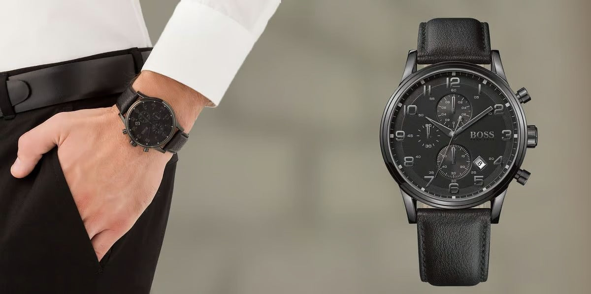 Hugo Boss Aeroliner Chronograph Black Dial Black Leather Strap Watch for Men - 1512567
