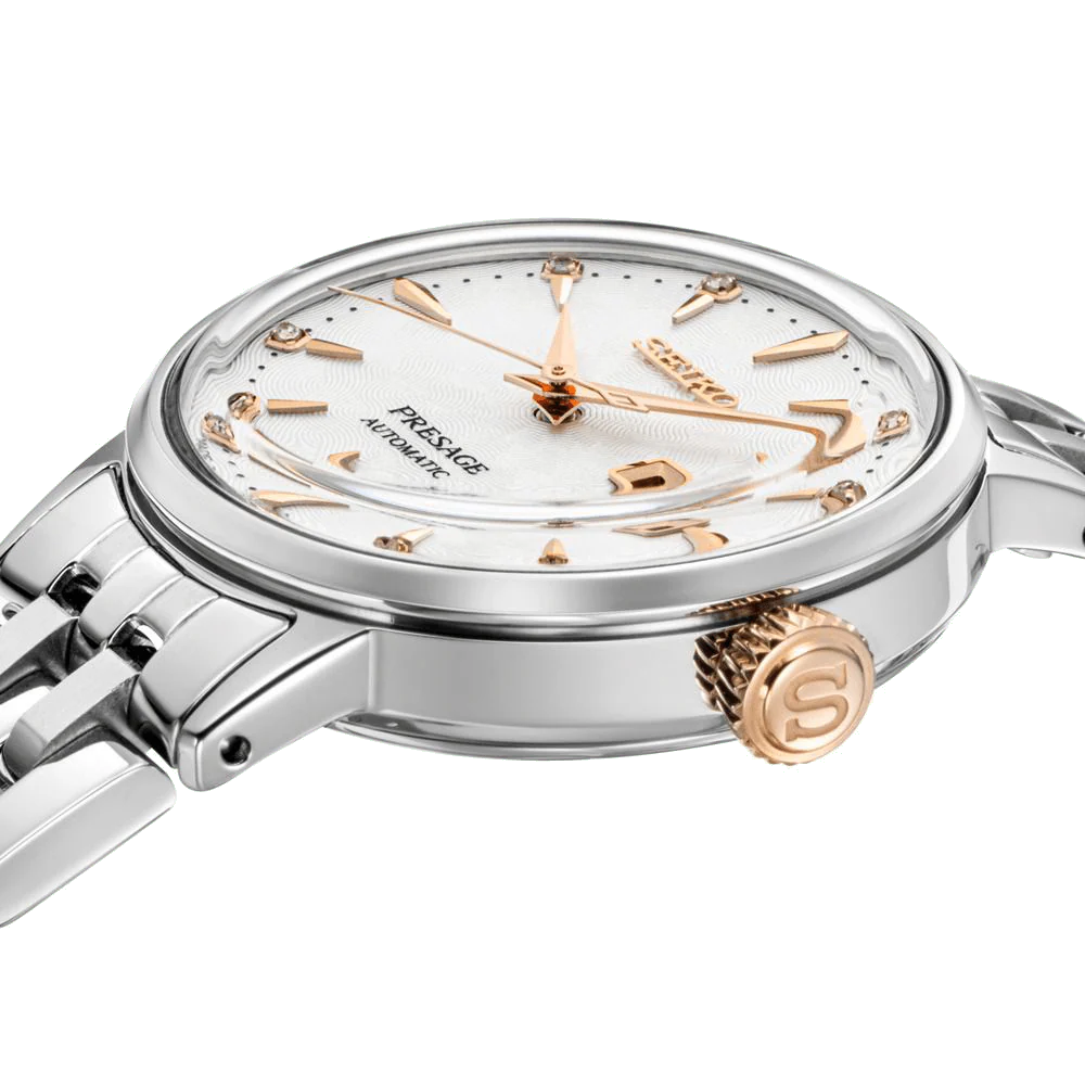 Seiko Presage Cocktail Time Skydiving Automatic Diamonds Mother of Pearl Dial Silver Steel Strap Watch for Women - SRE009J1