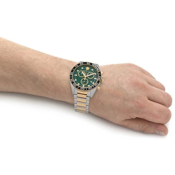Versace Greca Dome Chronograph Green Dial Two Tone Steel Strap Watch for Men - VE6K00423