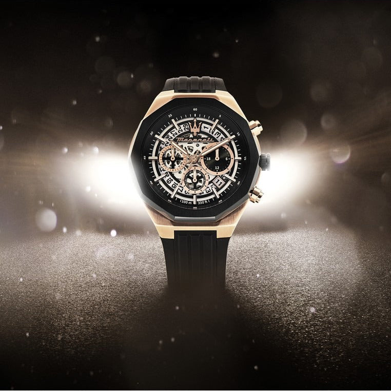 Maserati Stile Skeleton Chronograph Black Dial Black Silicone Strap Watch for Men - R8871642003