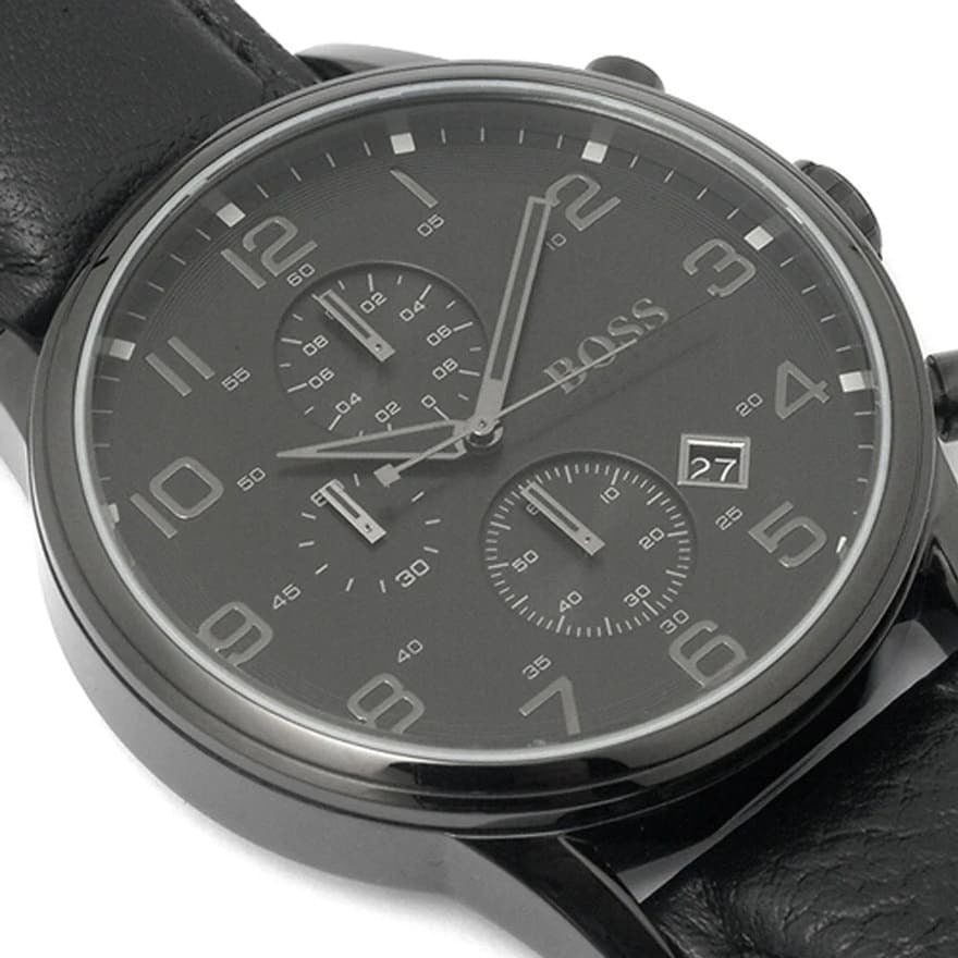 Hugo Boss Aeroliner Chronograph Black Dial Black Leather Strap Watch for Men - 1512567