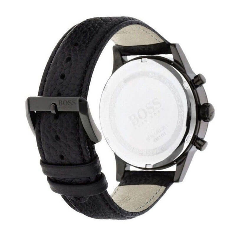 Hugo Boss Aeroliner Chronograph Black Dial Black Leather Strap Watch for Men - 1512567
