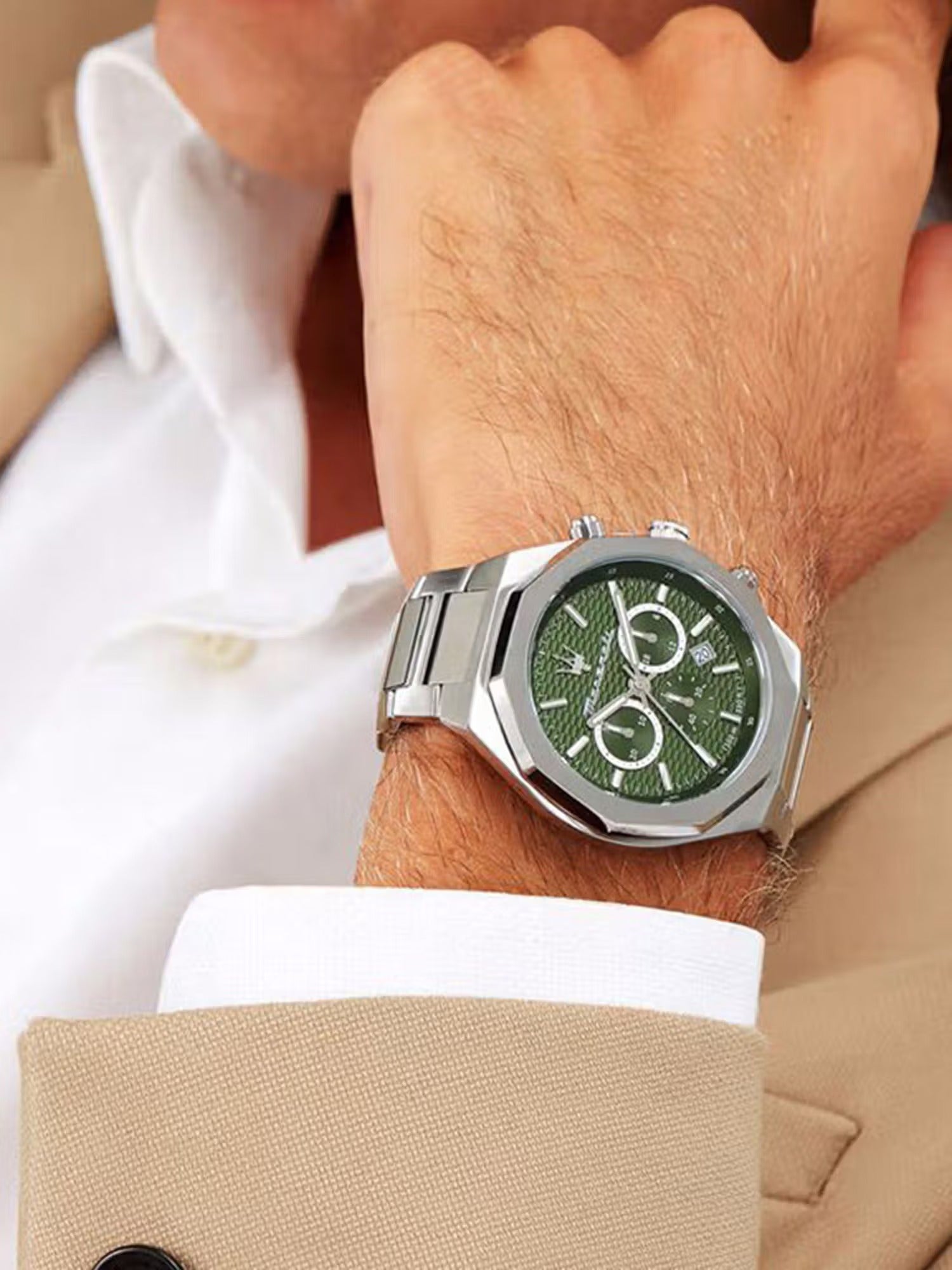 Maserati Stile Chronograph Green Dial Silver Steel Strap Watch for Men - R8873642011