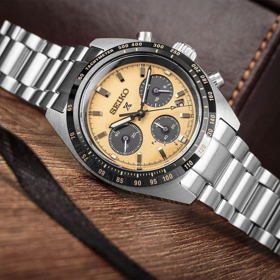 Seiko Prospex Speedtimer Solar Chronograph Gold Dial Silver Steel Strap Watch for Men - SSC817