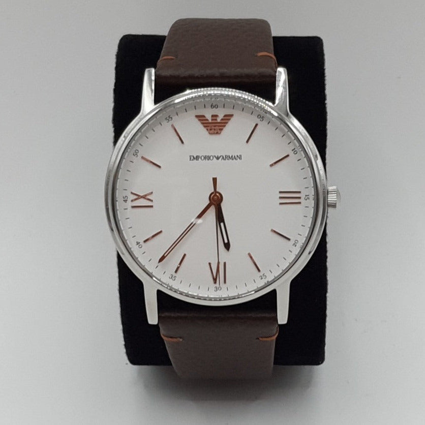 Emporio Armani Kappa Silver Dial Brown Leather Strap Watch for Men - AR11173