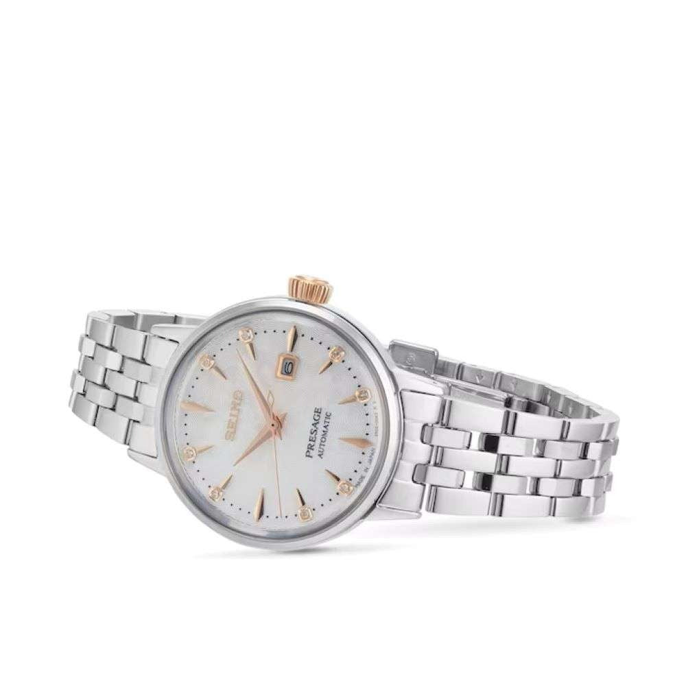 Seiko Presage Cocktail Time Skydiving Automatic Diamonds Mother of Pearl Dial Silver Steel Strap Watch for Women - SRE009J1