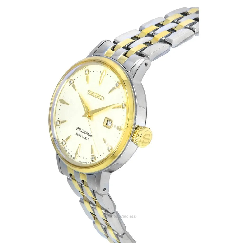 Seiko Presage Cocktail Time Automatic Diamonds White Dial Two Tone Steel Strap Watch for Women - SRE010J1