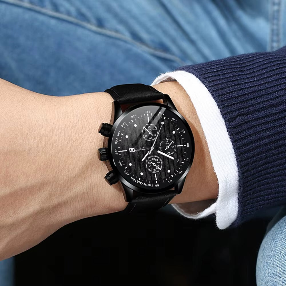 Hugo Boss Aeroliner Chronograph Black Dial Black Leather Strap Watch for Men - 1512567