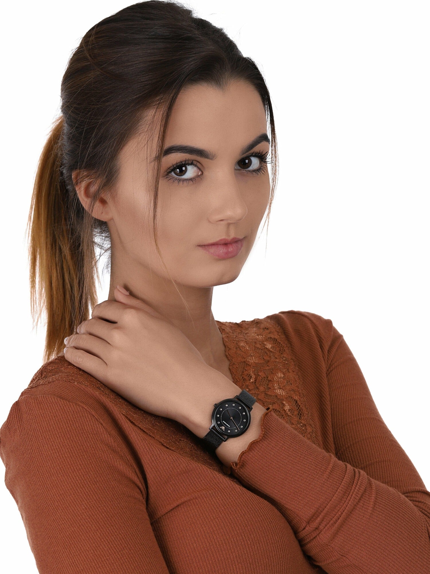 Emporio Armani Kappa Black Dial Black Mesh Strap Watch for Women - AR11252