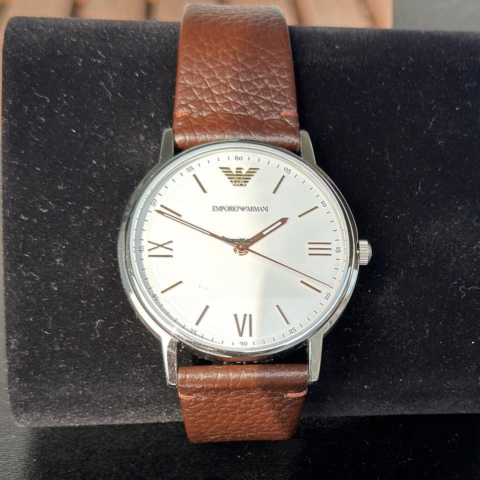 Emporio Armani Kappa Silver Dial Brown Leather Strap Watch for Men - AR11173