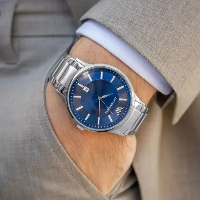Emporio Armani Renato Blue Dial Silver Steel Strap Watch for Men - AR11180