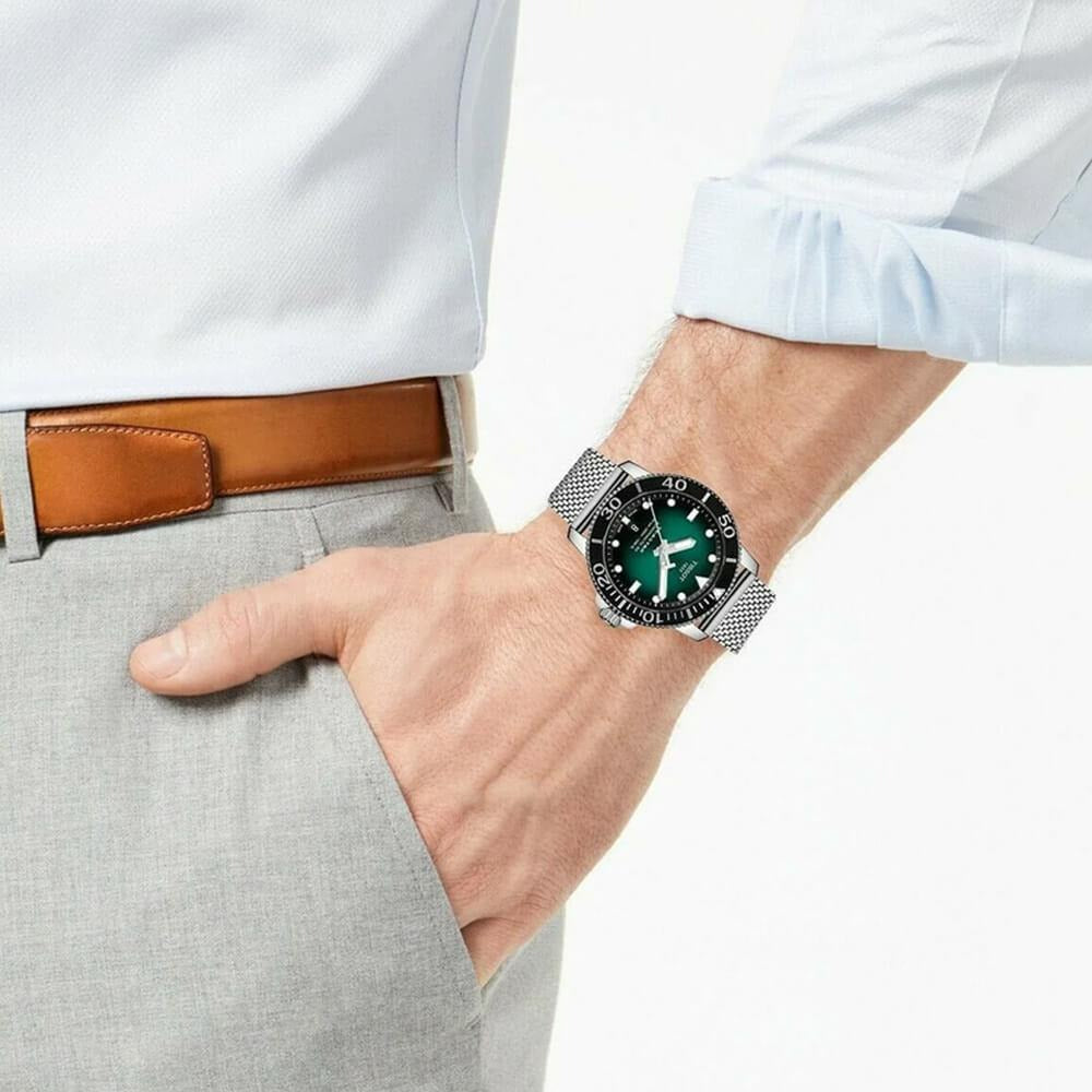 Tissot Seastar 1000 Powermatic 80 Automatic Green Dial Silver Mesh Strap Watch for Men - T120.407.11.091.00