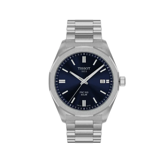 Tissot PRC 100 Solar Quartz Blue Dial Silver Steel Strap Watch for Men - T151.422.11.041.00