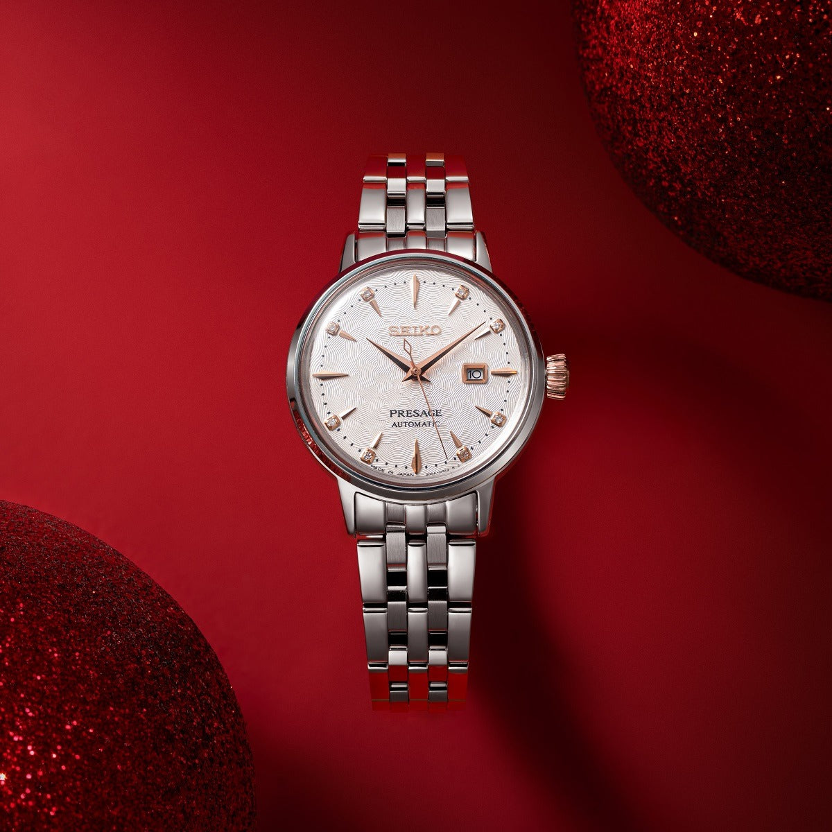 Seiko Presage Cocktail Time Skydiving Automatic Diamonds Mother of Pearl Dial Silver Steel Strap Watch for Women - SRE009J1