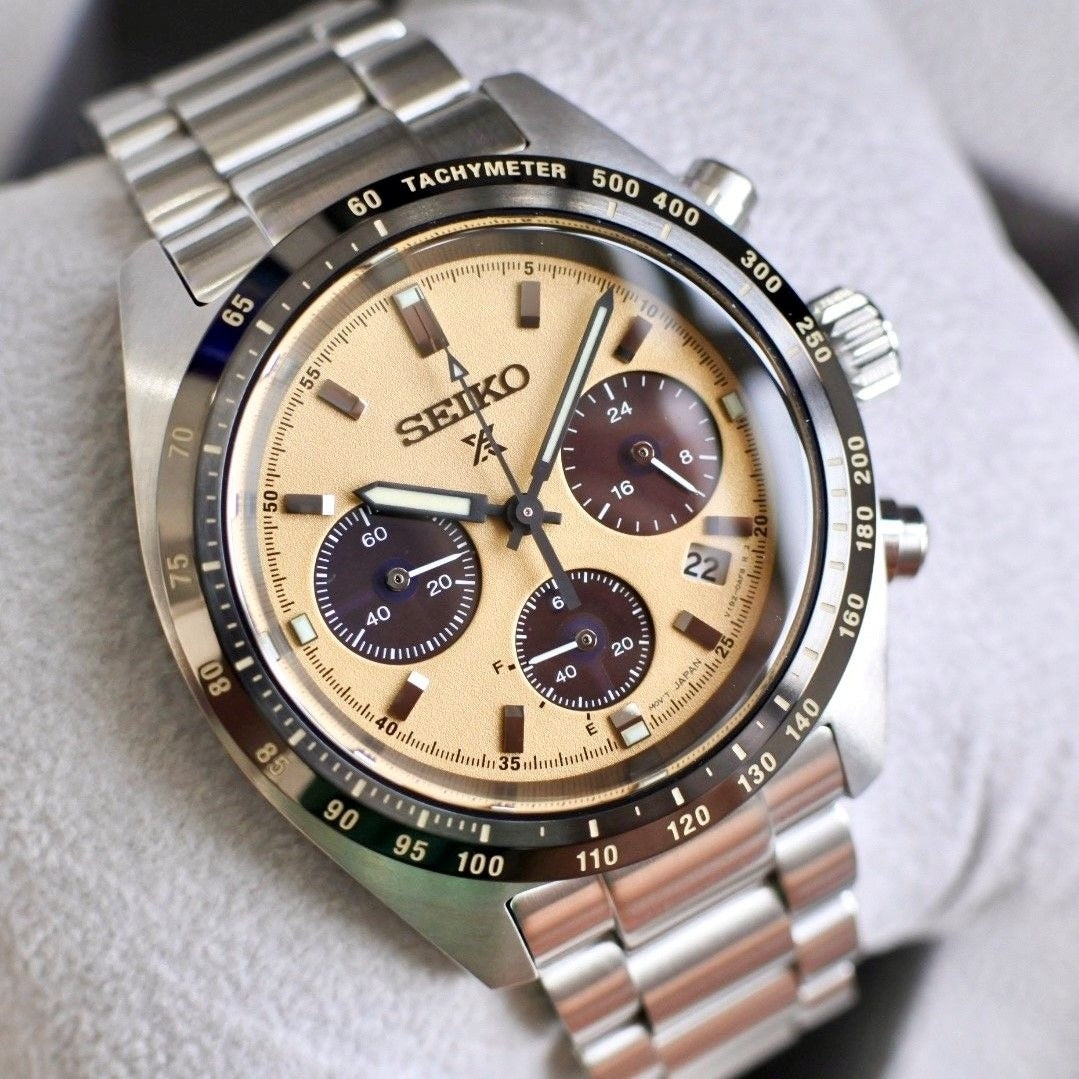Seiko Prospex Speedtimer Solar Chronograph Gold Dial Silver Steel Strap Watch for Men - SSC817