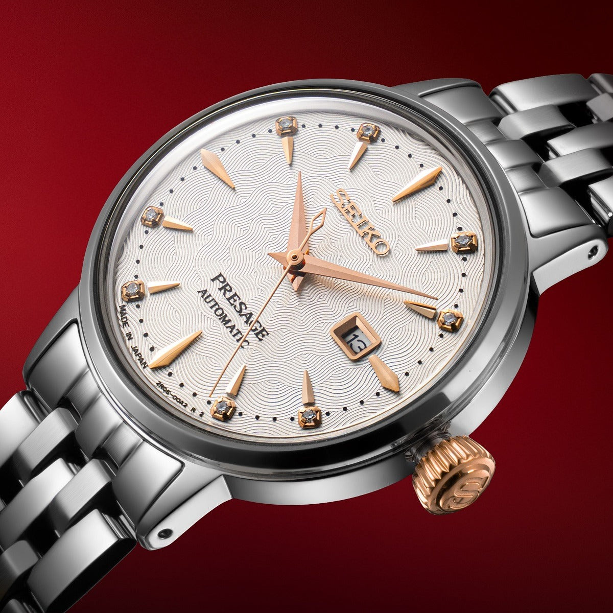 Seiko Presage Cocktail Time Skydiving Automatic Diamonds Mother of Pearl Dial Silver Steel Strap Watch for Women - SRE009J1