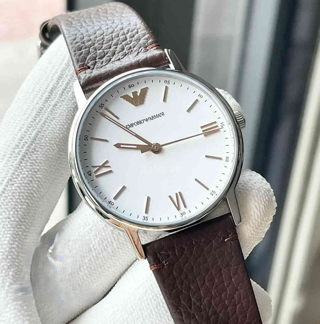 Emporio Armani Kappa Silver Dial Brown Leather Strap Watch for Men - AR11173