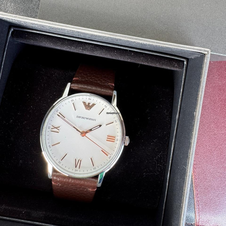 Emporio Armani Kappa Silver Dial Brown Leather Strap Watch for Men - AR11173