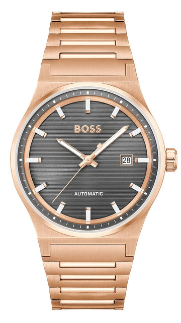 Hugo Boss Candor Automatic Grey Dial Rose Gold Steel Strap Watch for Men - 1514185