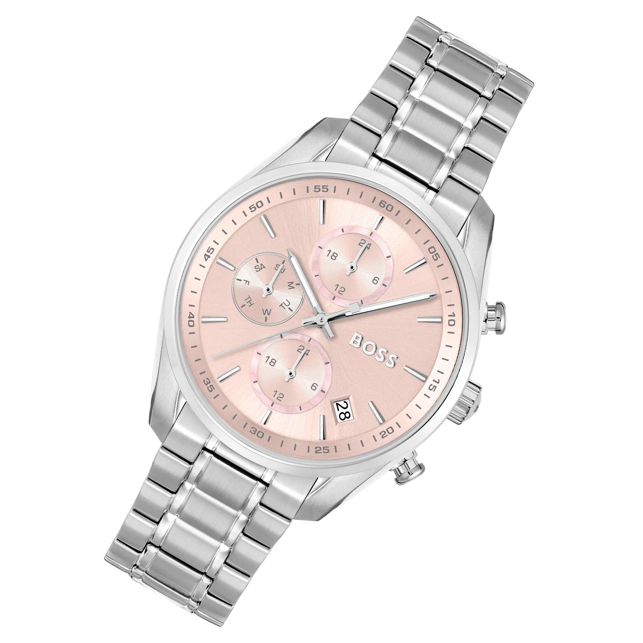Hugo Boss Grand Tour Chronograph Pink Mother of Pearl Dial Silver Steel Strap Watch for Women - 1502765