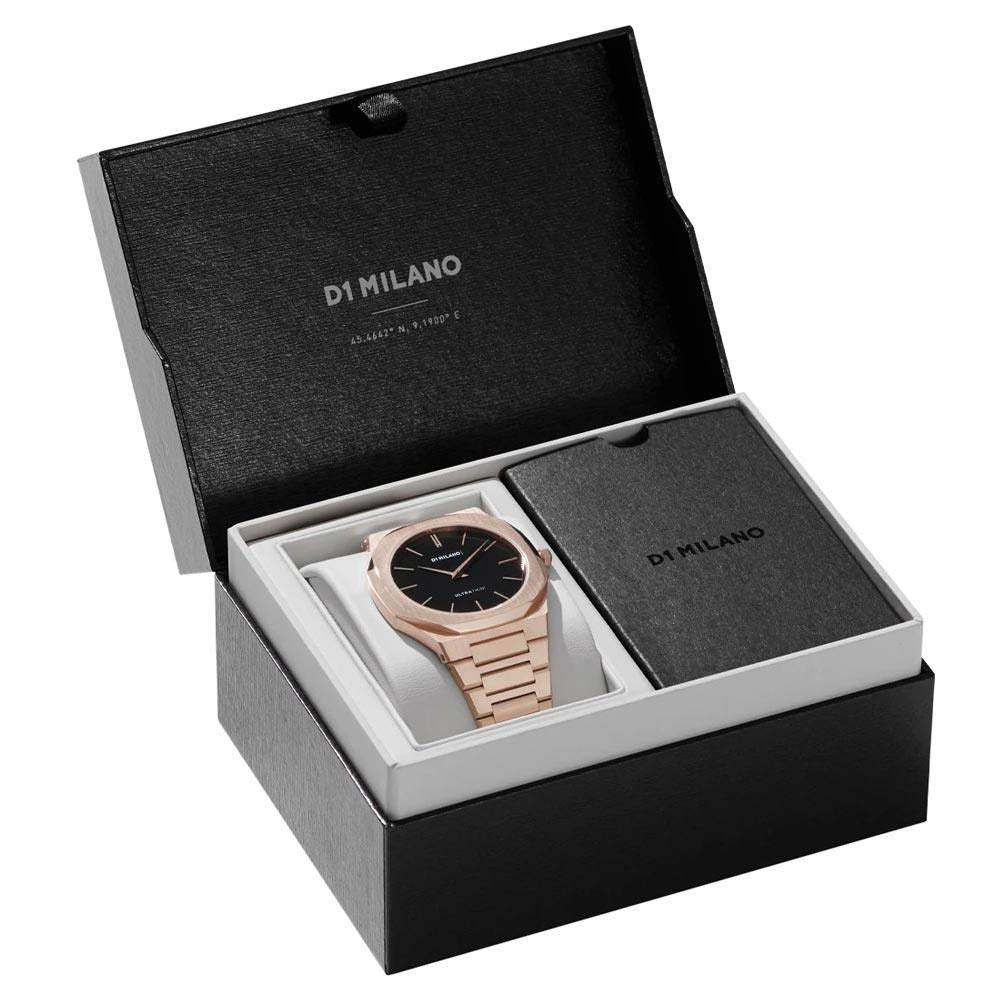 D1 Milano Ultra Thin Black Dial Gold Steel Strap Watch for Men  - D1-UTBJ16