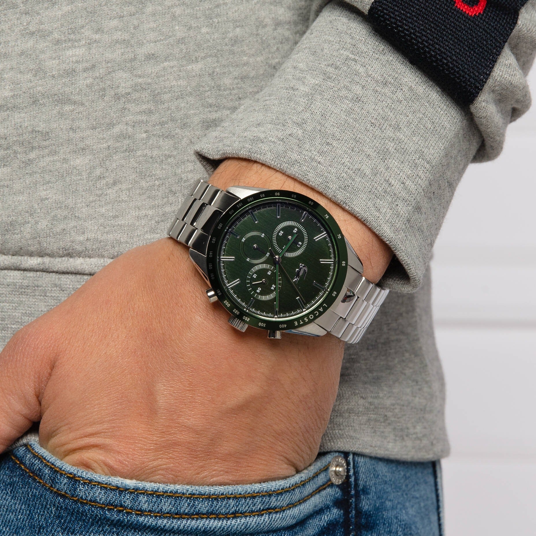 Lacoste Boston Chronograph Green Dial Silver Steel Strap Watch for Men - 2011080
