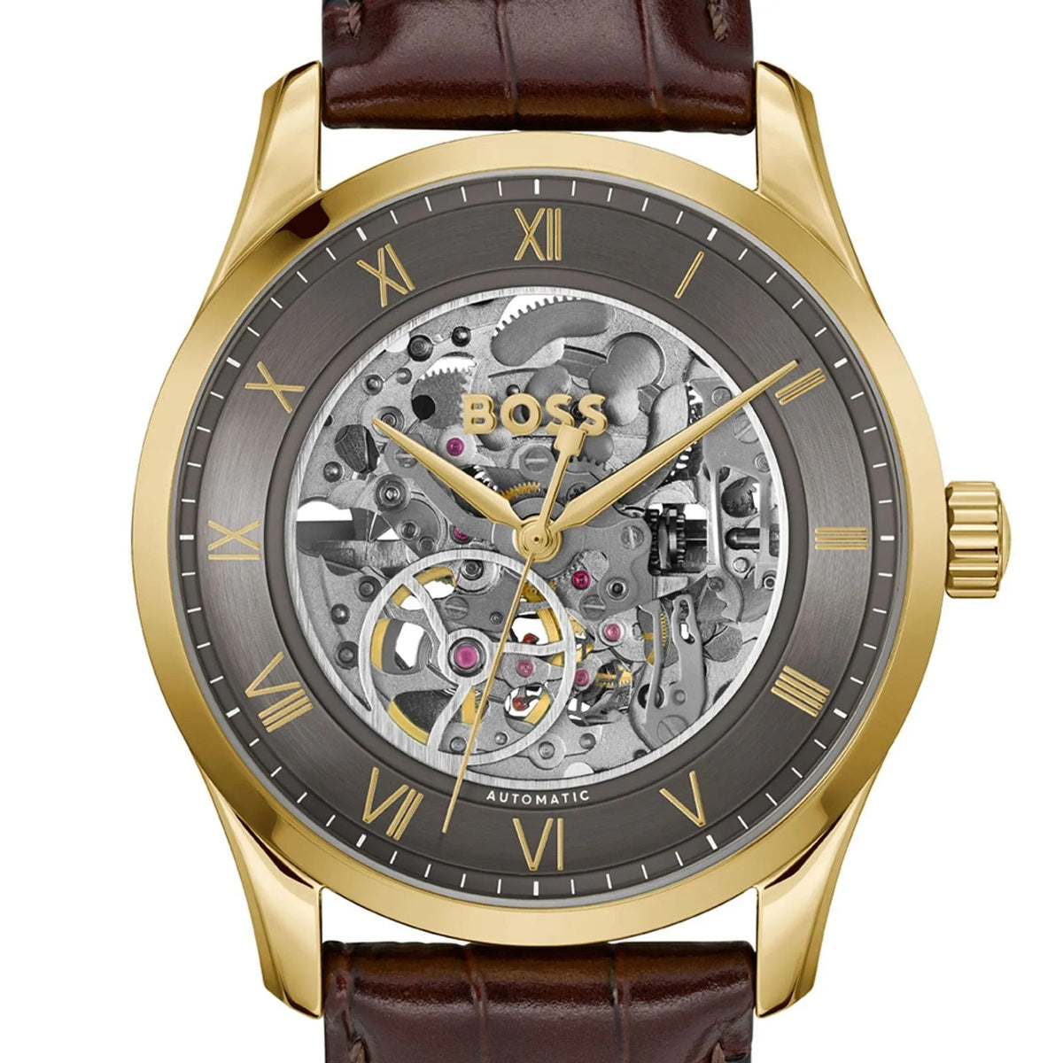 Hugo Boss Principle Skeleton Grey Dial Brown Leather Strap Watch for Men - 1514235