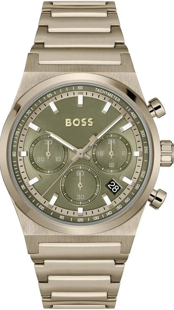 Hugo Boss Candor Chronograph Green Dial Brown Steel Strap Watch for Men - 1514222