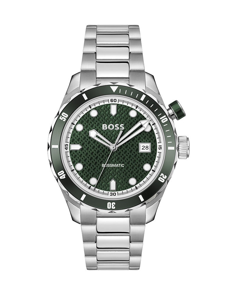 Hugo Boss Bossmatic Automatic Green Dial Silver Steel Strap Watch for Men - 1514178