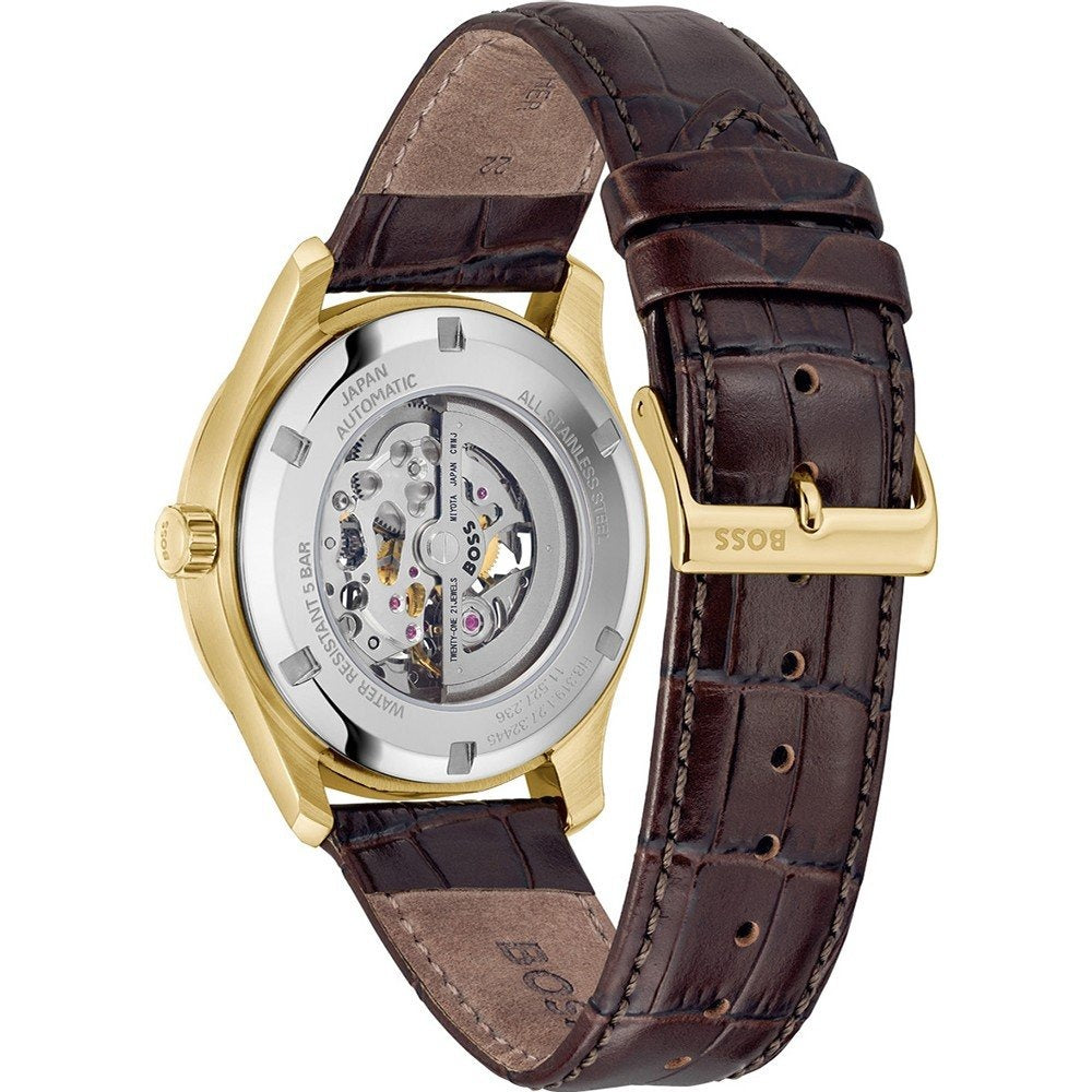 Hugo Boss Principle Skeleton Grey Dial Brown Leather Strap Watch for Men - 1514235