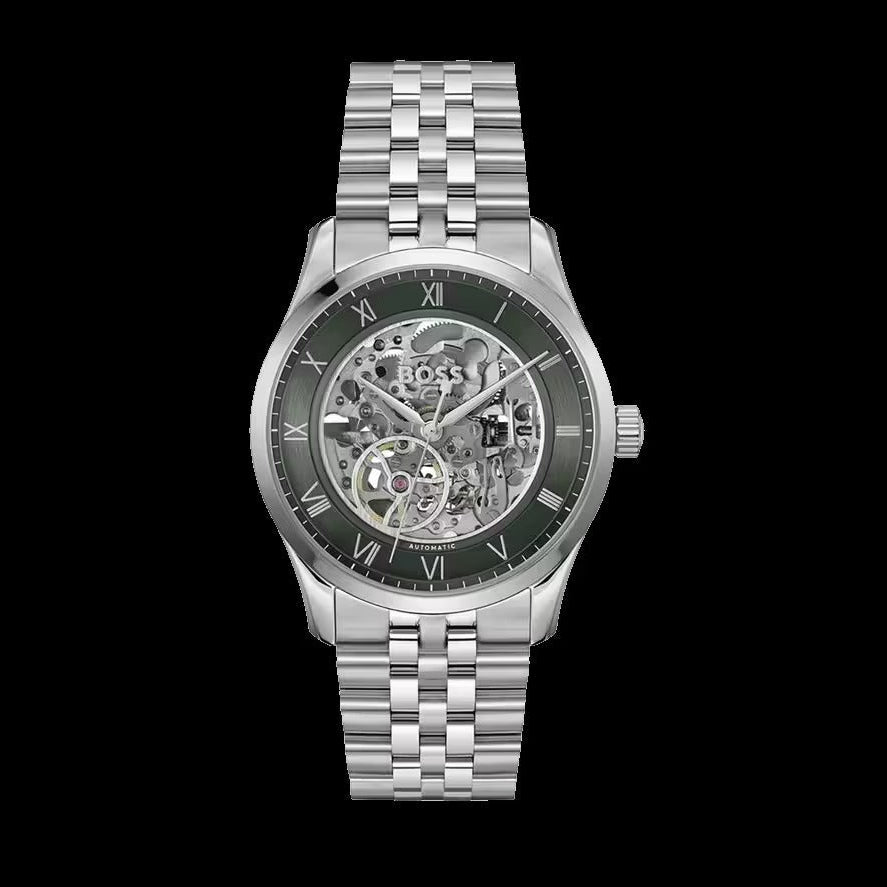 Hugo Boss Principle Skeleton Green Dial Silver Steel Strap Watch for Men - 1514236